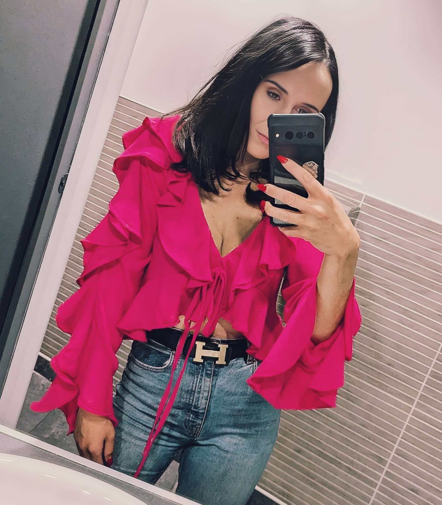 Roxy Top - Cerise Pink Ruffle Crop Top