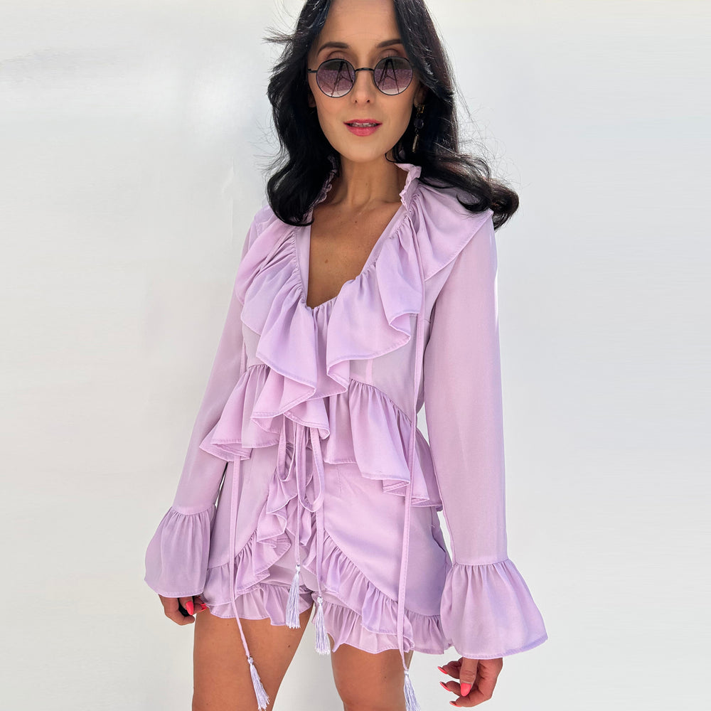 Lyra Top – Ruffle Front Boho Blouse in Lilac