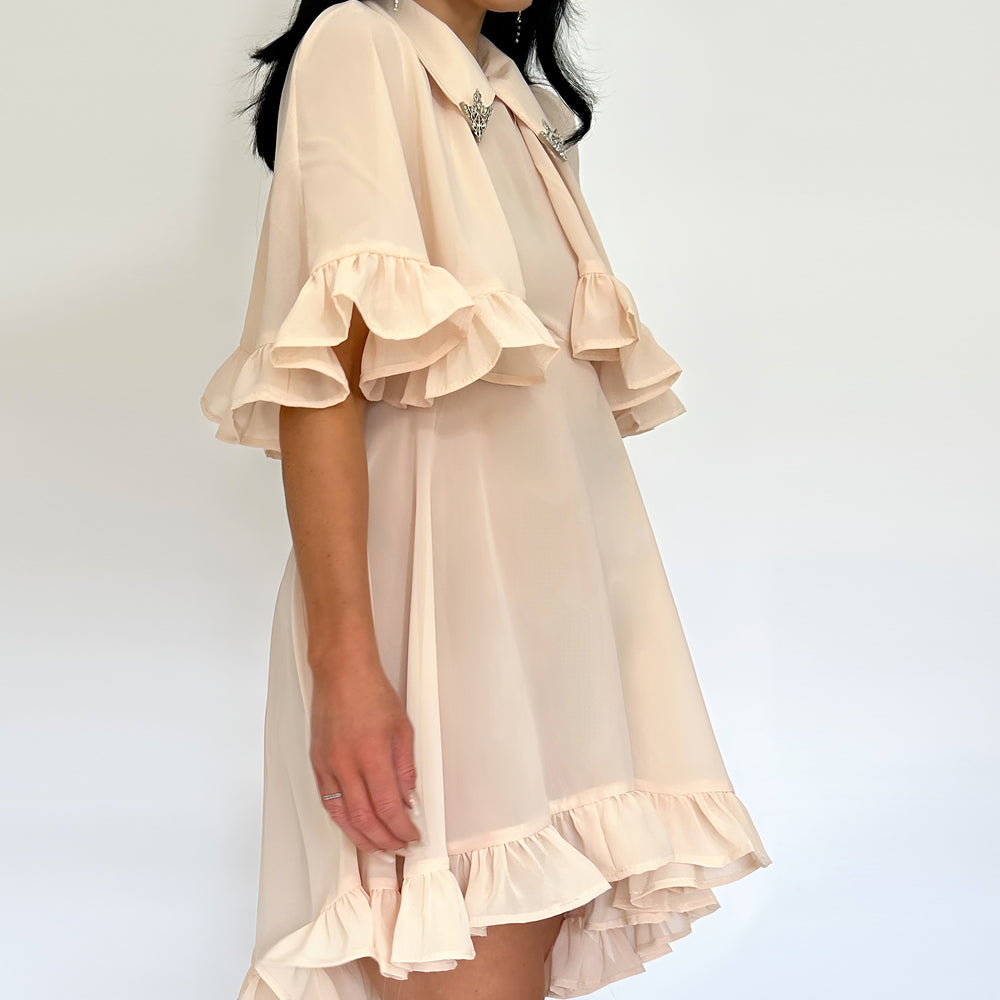 Elegant peachy Pink Dress with Ruffle Cape & Silver Collar Tips