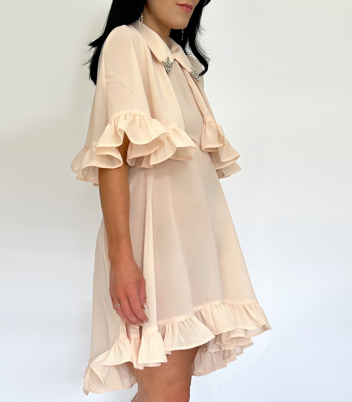 Elegant peachy Pink Dress with Ruffle Cape & Silver Collar Tips